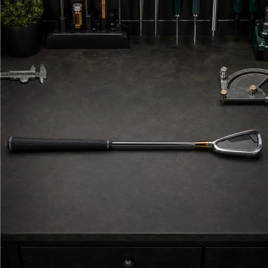 Iron clubhead on a workshop bench after repair