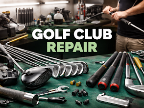 Golf club repair bench with clubs, grips, and tools
